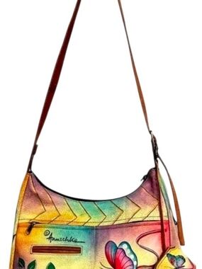 Anuschka Multicolor Butterfly Hobo Shoulder Bag with Brown Strap